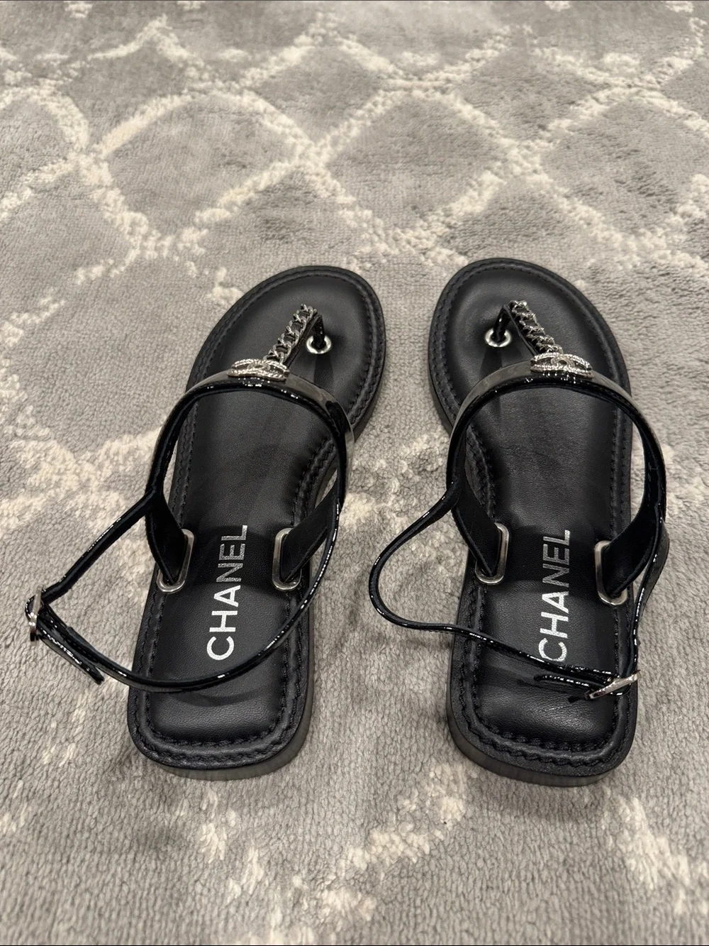 Authentic Black Chanel patent t-strap sandals